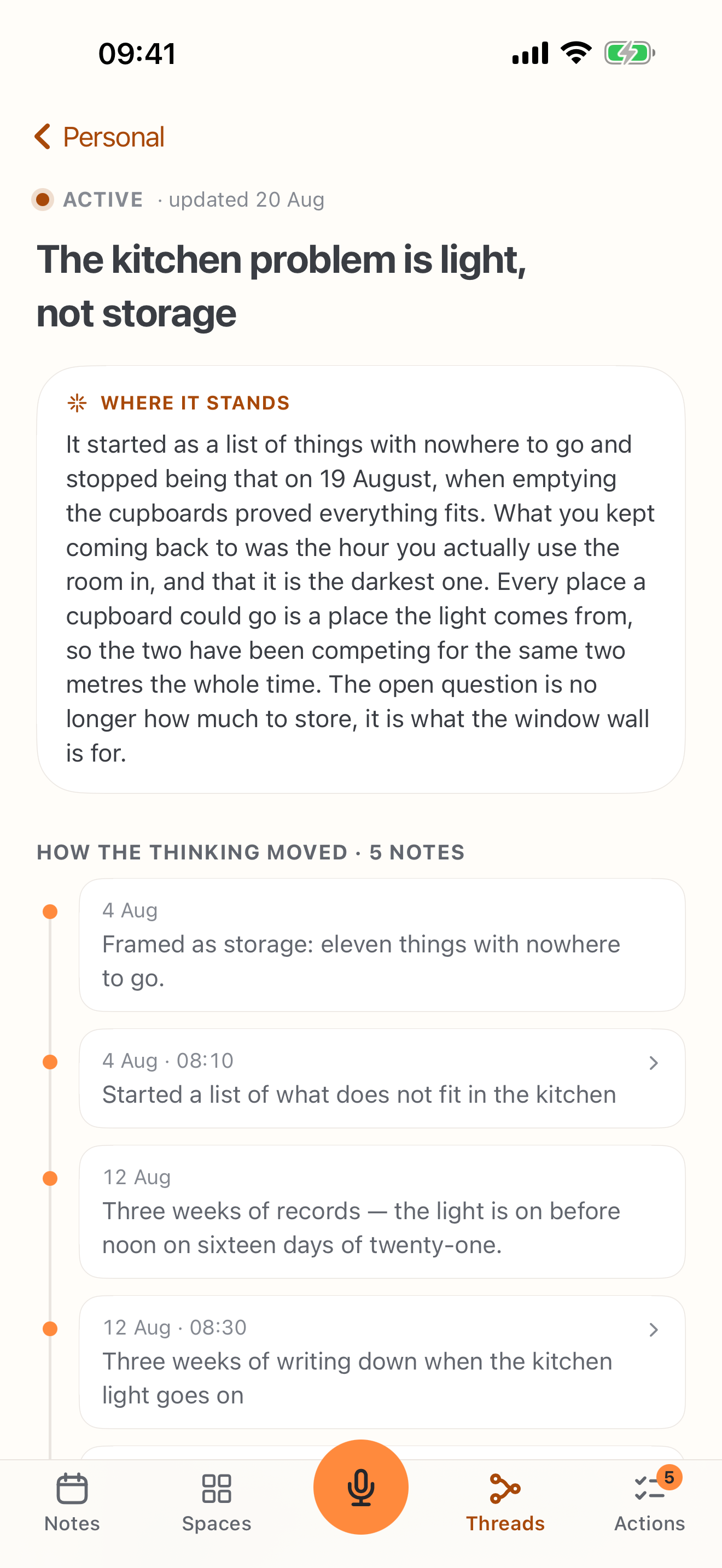 Nave showing a kitchen planning thread with a summary and a timeline of related notes.